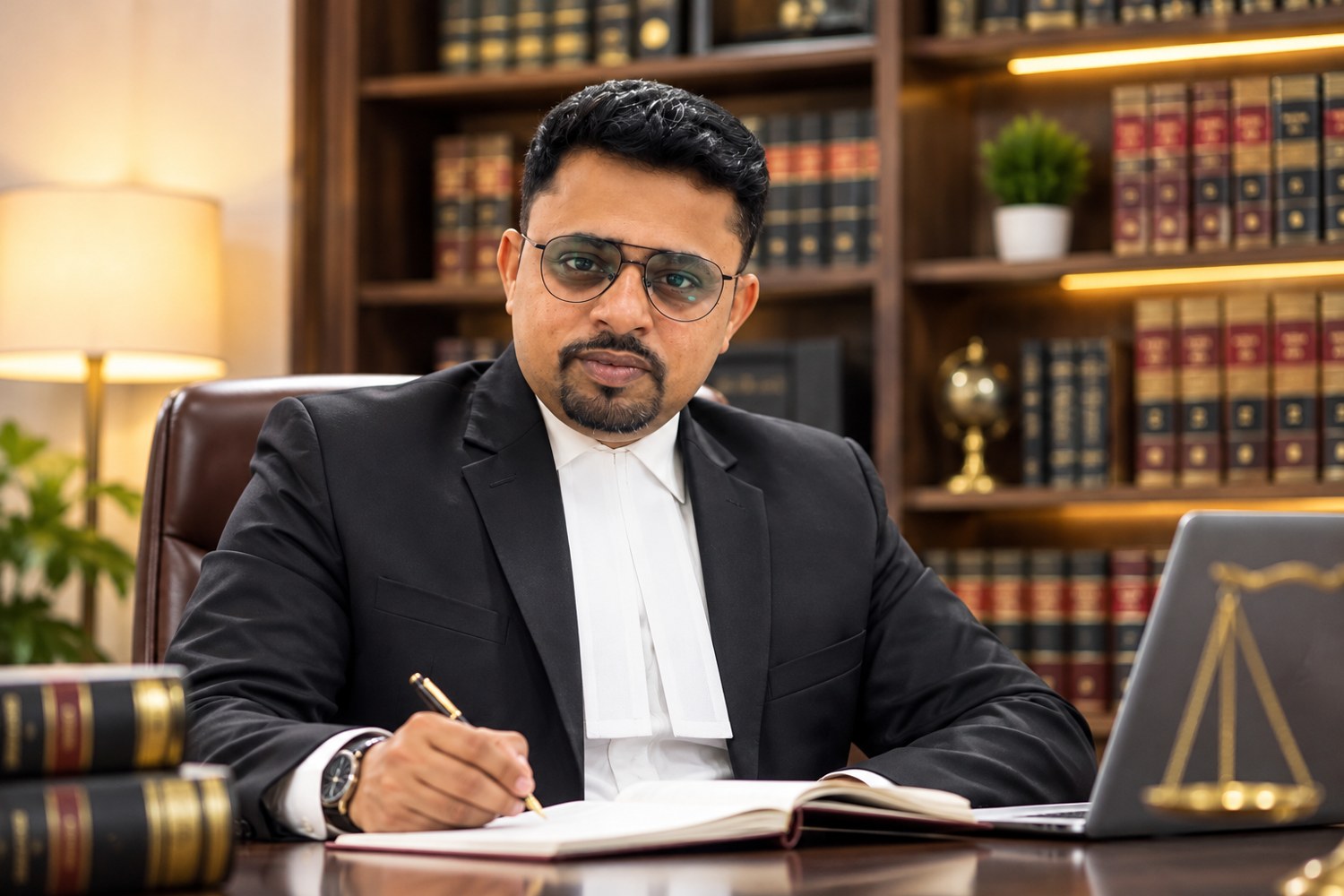 Adv. Salil Vinayak Dabke at his desk with an open book